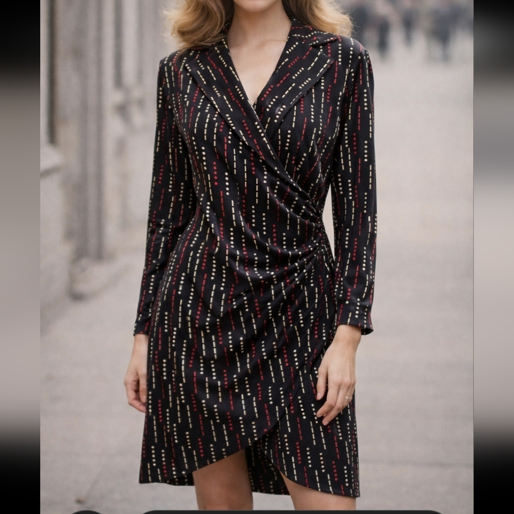 Express 90s Black Long Sleeve Dress with Red and Gold Pattern Faux Wrap Dress